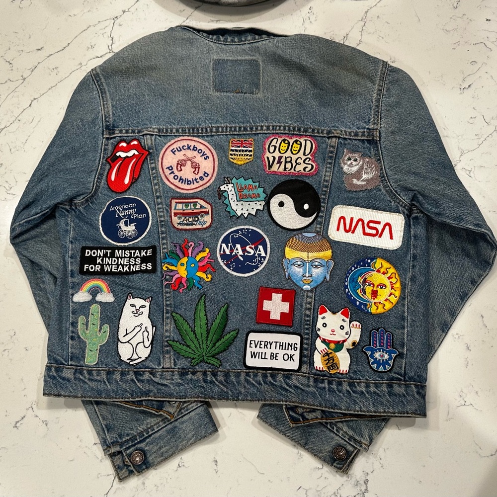 Custom Vintage Levi's Denim Jacket with Colorful Patchwork (Hand Sewn Patches)